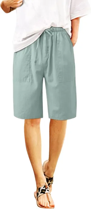 2024 Women's Drawstring Waist Shorts Summer Casual Short Length Pants Solid Straight Legs All-Match Walking Cycling Shorts