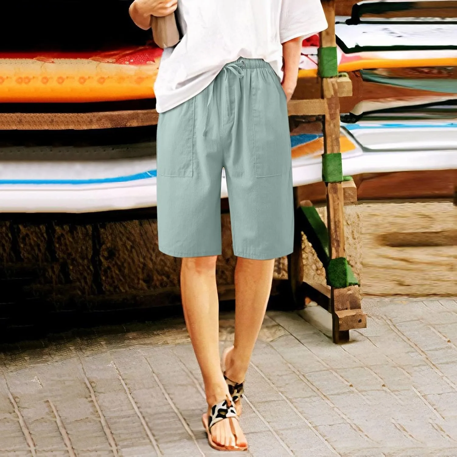 2024 Women's Drawstring Waist Shorts Summer Casual Short Length Pants Solid Straight Legs All-Match Walking Cycling Shorts