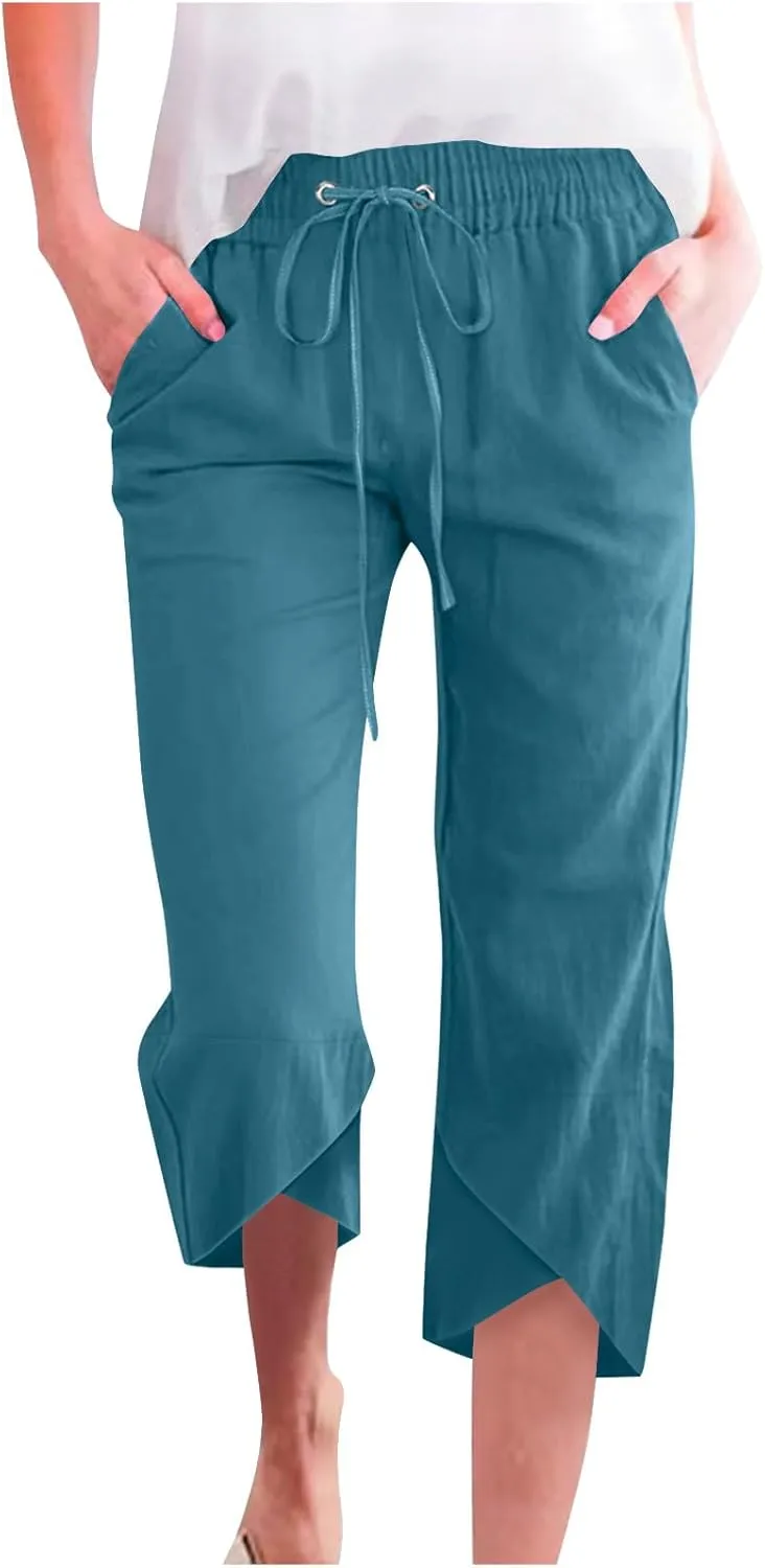 2025 Capri Pants for Women Casual Summer Drawstring Elastic High Waist Linen Pant Straight Leg Cropped Harem Trouser