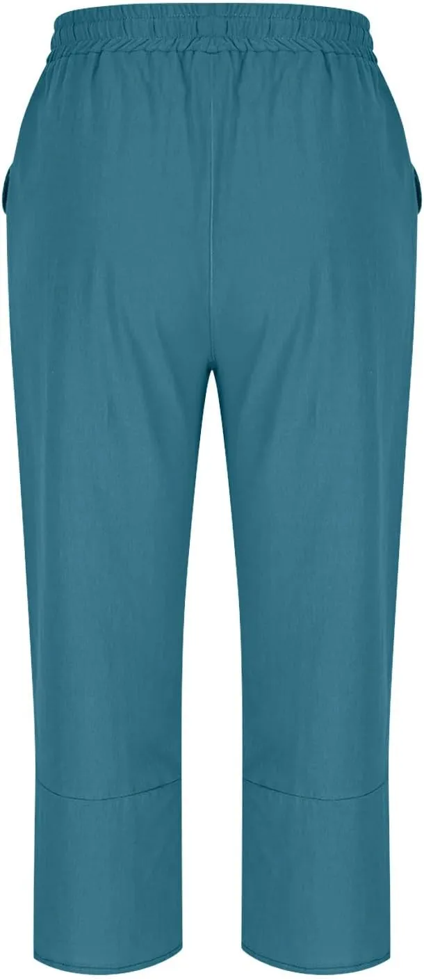 2025 Capri Pants for Women Casual Summer Drawstring Elastic High Waist Linen Pant Straight Leg Cropped Harem Trouser