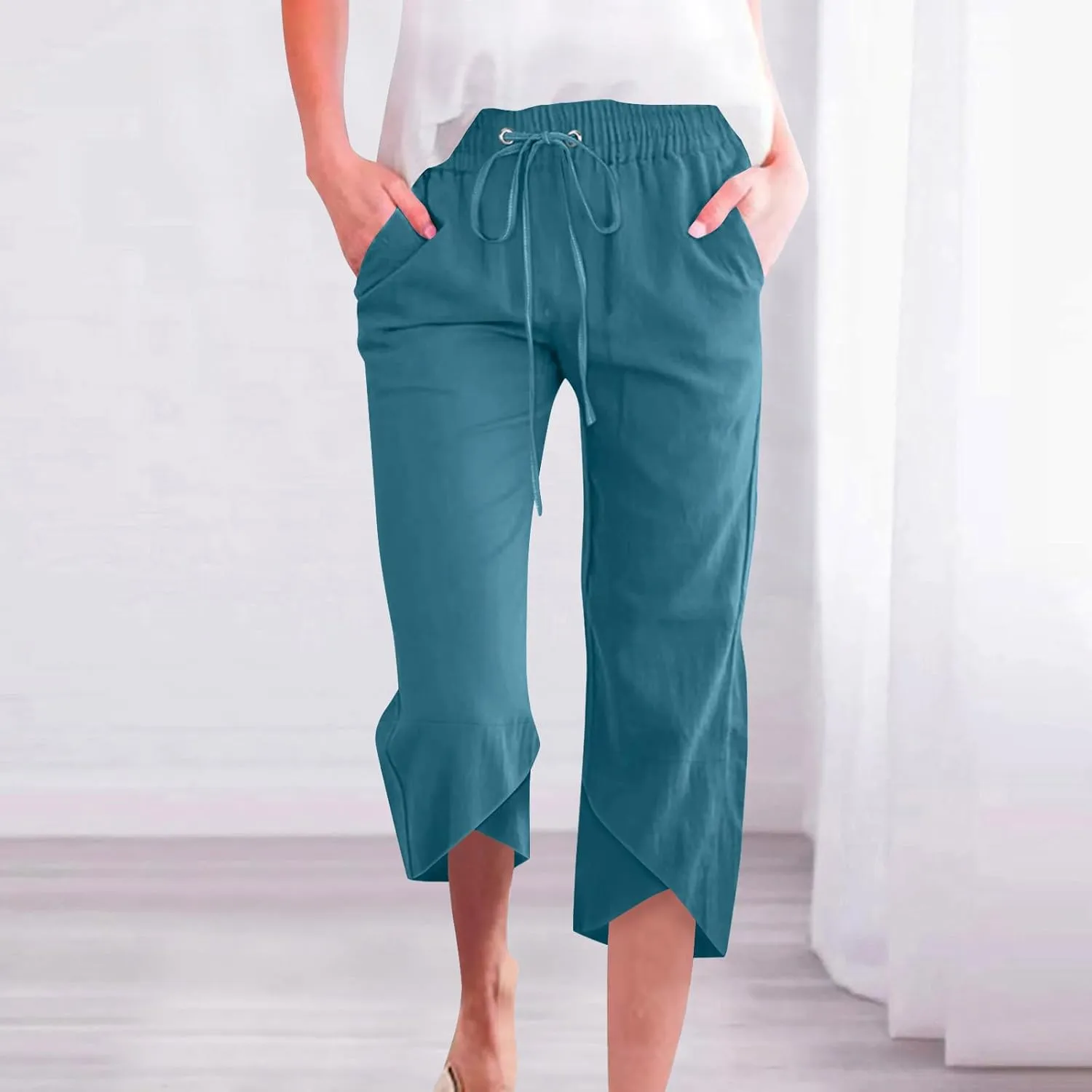 2025 Capri Pants for Women Casual Summer Drawstring Elastic High Waist Linen Pant Straight Leg Cropped Harem Trouser