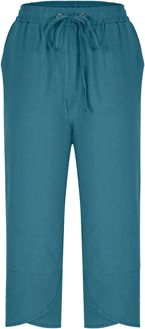 2025 Capri Pants for Women Casual Summer Drawstring Elastic High Waist Linen Pant Straight Leg Cropped Harem Trouser
