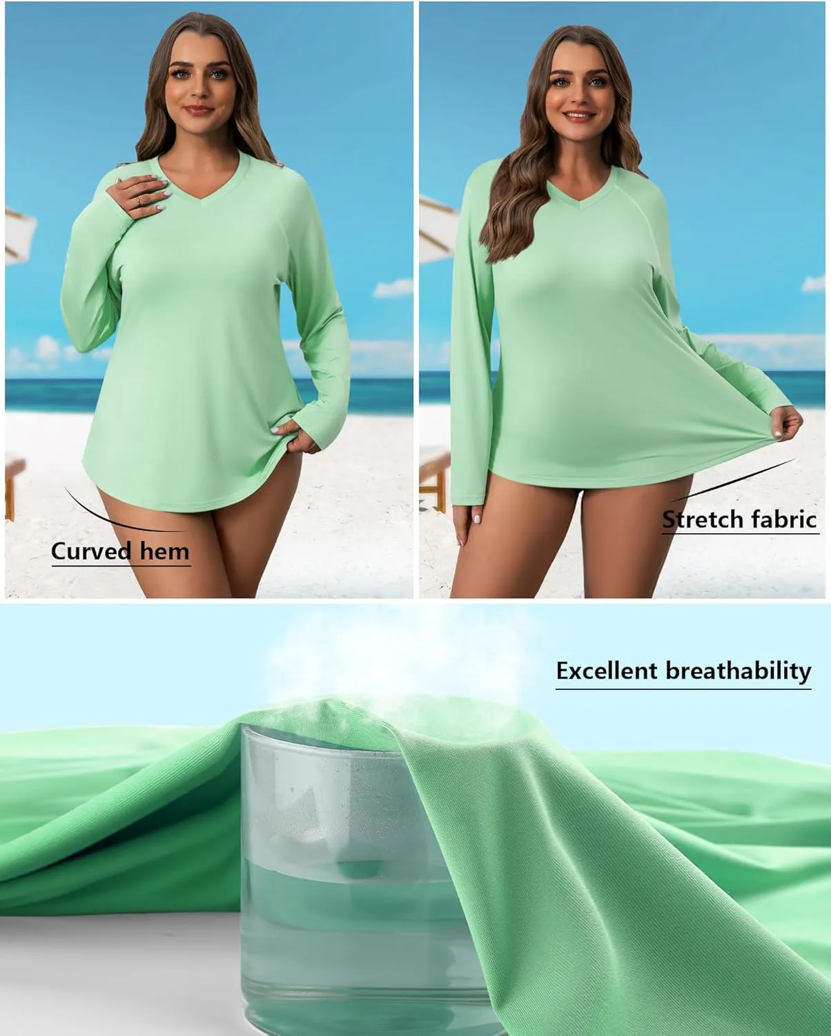 3 Pack Women's Plus Size Long Sleeve Rash Guards, UV Sun Protection Shirts Quick Dry V Neck Swim Tops Fishing Tee