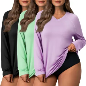 3 Pack Women's Plus Size Long Sleeve Rash Guards, UV Sun Protection Shirts Quick Dry V Neck Swim Tops Fishing Tee