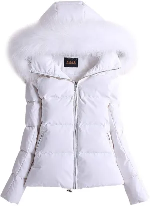 ACE SHOCK Women's Down Coats with Fur Hood Warm Short Puffer Jacket Slim Fit Winter Parka