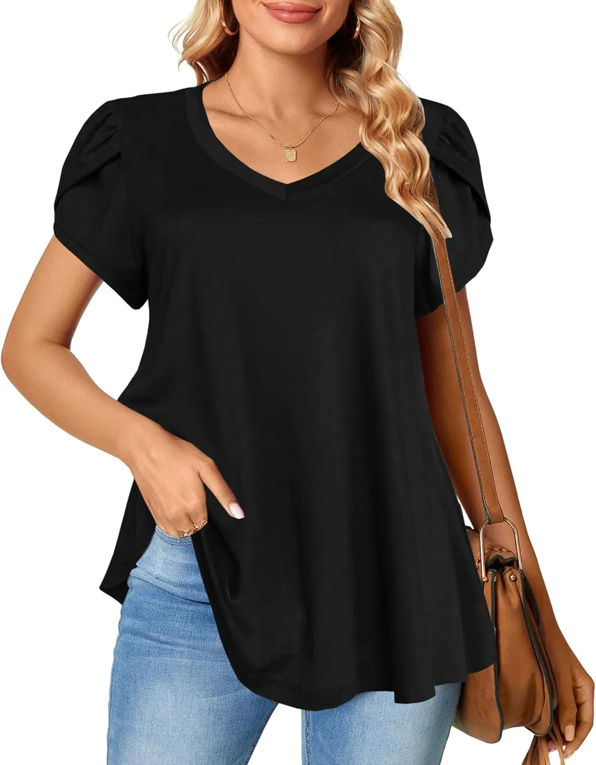 Afibi Womens Summer V Neck Loose Dressy Shirts Petal Short Sleeve Tunic Tops