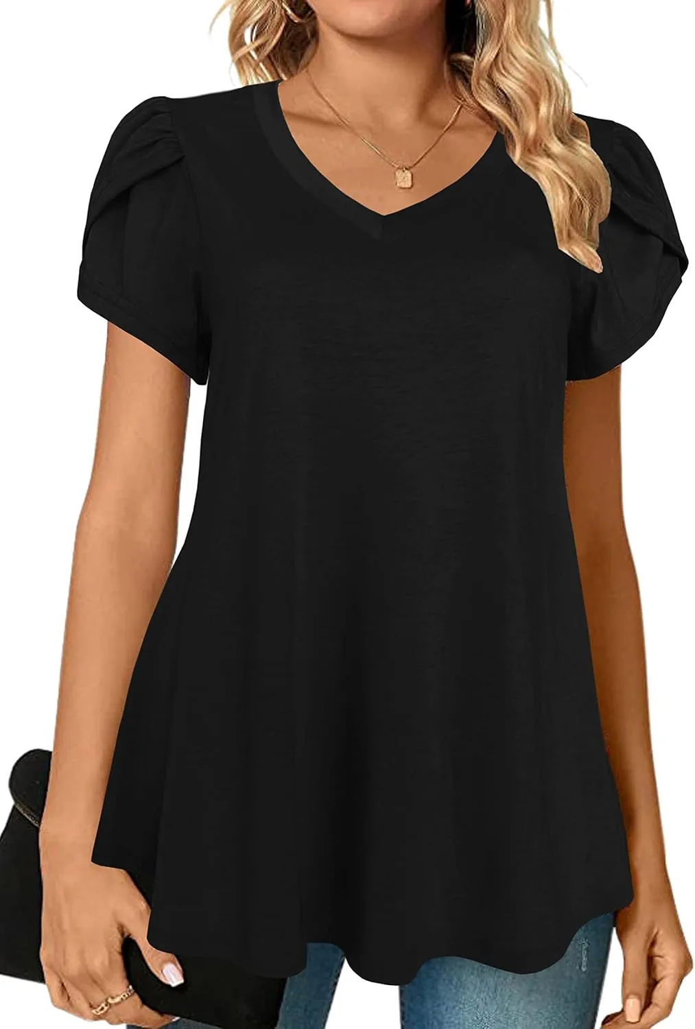 Afibi Womens Summer V Neck Loose Dressy Shirts Petal Short Sleeve Tunic Tops