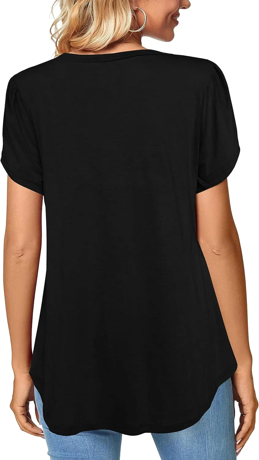 Afibi Womens Summer V Neck Loose Dressy Shirts Petal Short Sleeve Tunic Tops
