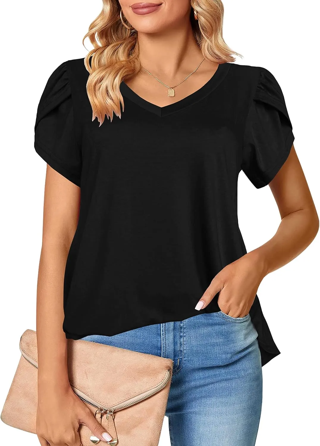 Afibi Womens Summer V Neck Loose Dressy Shirts Petal Short Sleeve Tunic Tops