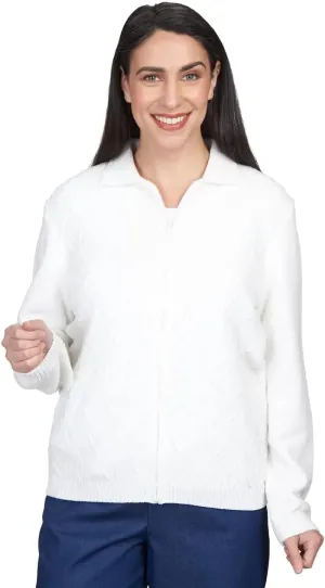 Alfred Dunner Womens Petites Collar Cable Knit Crewneck Sweater