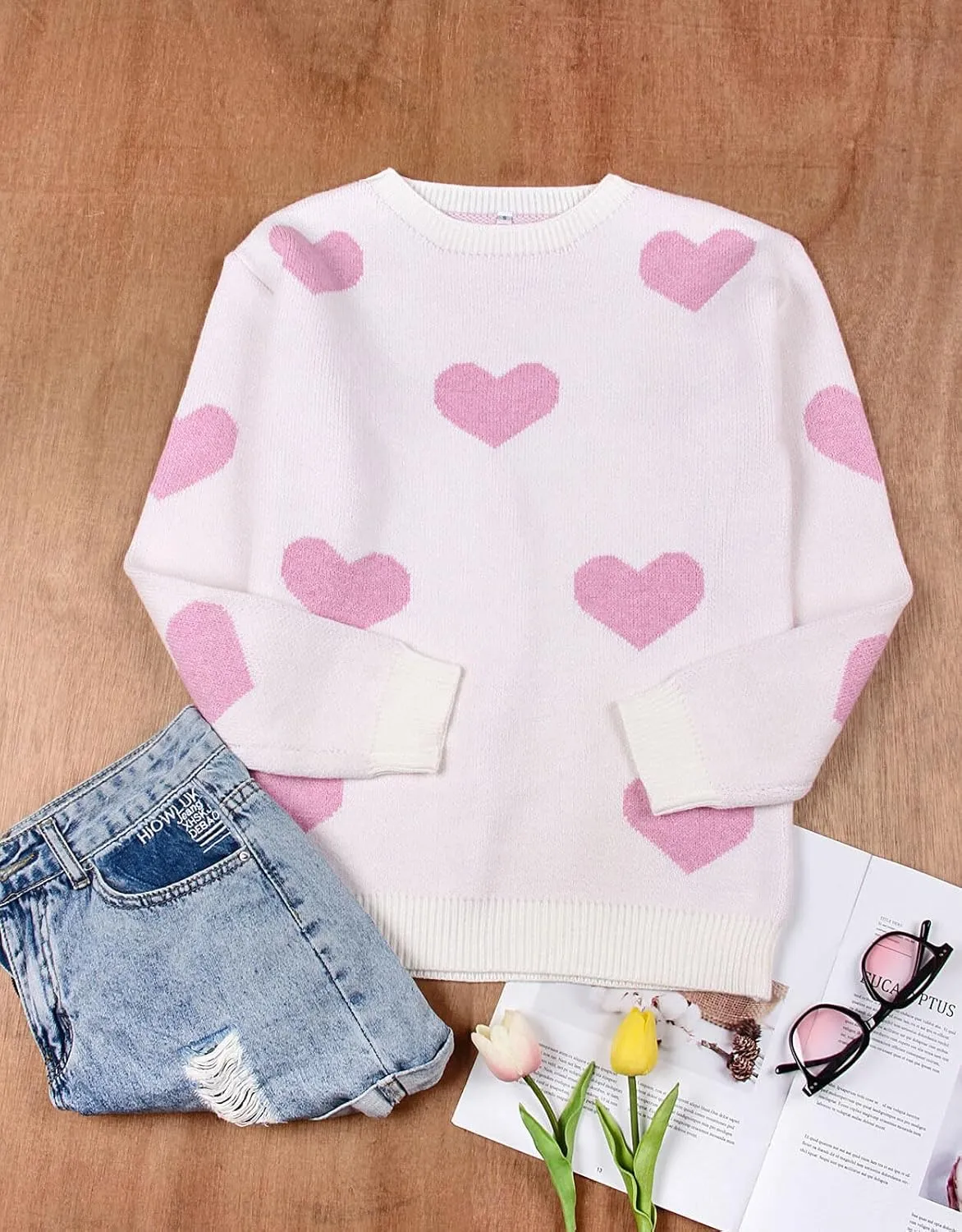 Alsol Lamesa Women's Cute Heart Sweater Pullover Long Sleeve Crewneck Casual Knitted Sweaters
