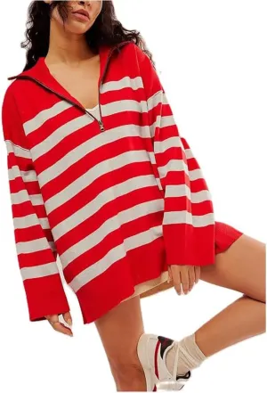 Amiblvowa Striped Half Quarter Zip Sweaters for Women Long Sleeve Drop Shoulder Pullover Oversized Sweatshirt Top Y2K Hoodie