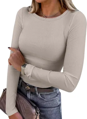 ANRABESS Women Long Sleeve Crewneck Rib Knit Slim Fit Shirts Basic Tee Tops 2025 Casual T-Shirt Going Out Workout Outfits
