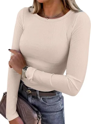 ANRABESS Women Long Sleeve Crewneck Rib Knit Slim Fit Shirts Basic Tee Tops 2025 Casual T-Shirt Going Out Workout Outfits