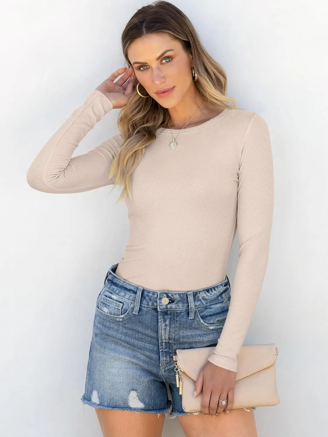 ANRABESS Women Long Sleeve Crewneck Rib Knit Slim Fit Shirts Basic Tee Tops 2025 Casual T-Shirt Going Out Workout Outfits
