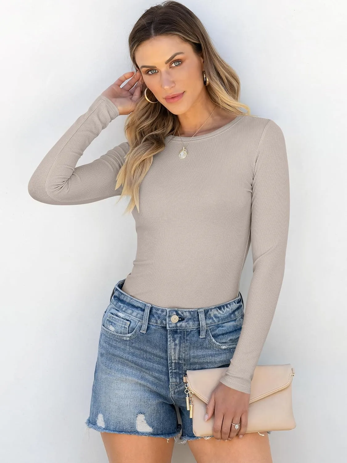 ANRABESS Women Long Sleeve Crewneck Rib Knit Slim Fit Shirts Basic Tee Tops 2025 Casual T-Shirt Going Out Workout Outfits