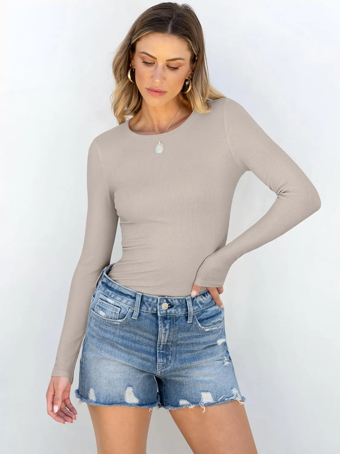 ANRABESS Women Long Sleeve Crewneck Rib Knit Slim Fit Shirts Basic Tee Tops 2025 Casual T-Shirt Going Out Workout Outfits