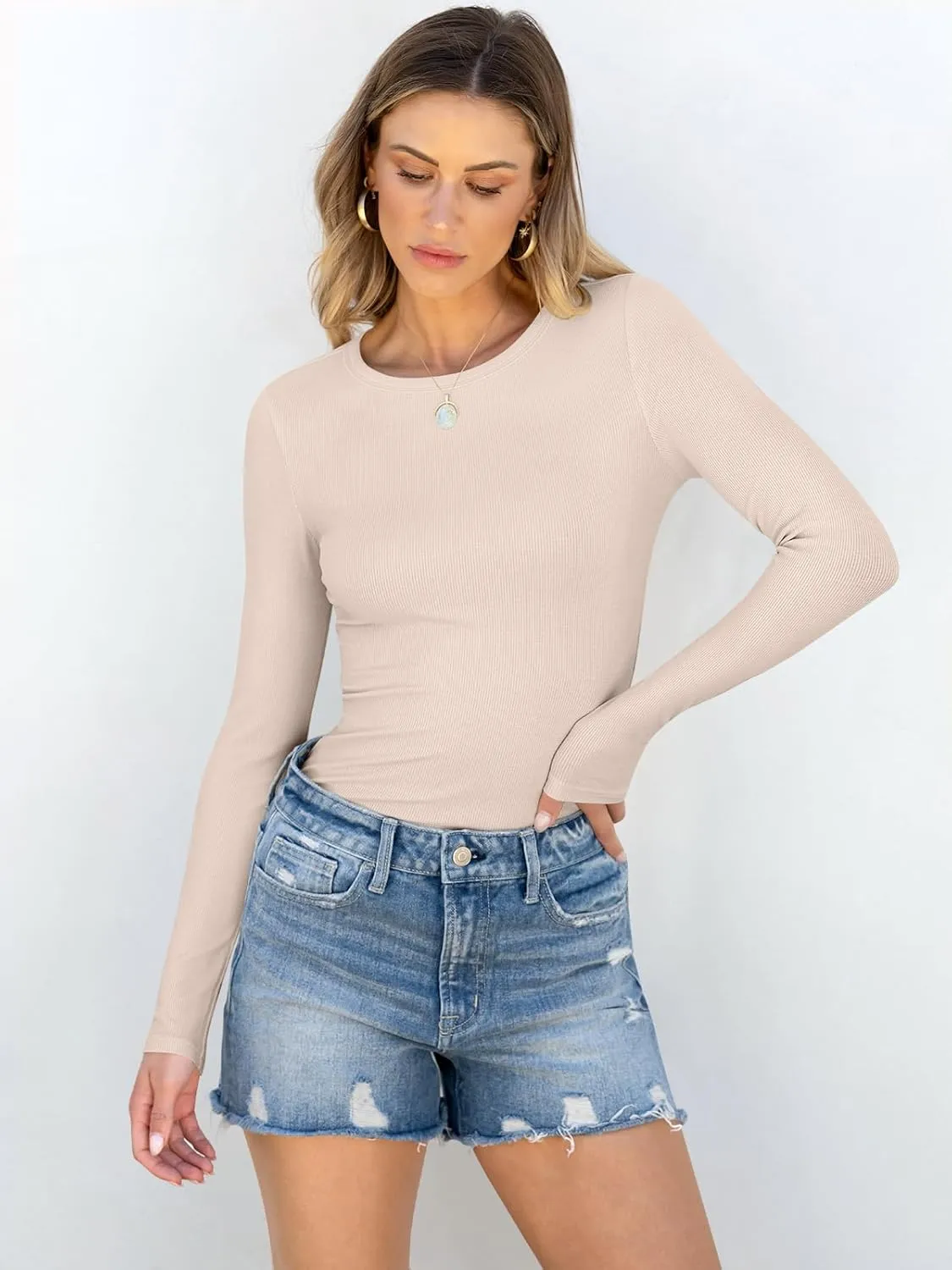 ANRABESS Women Long Sleeve Crewneck Rib Knit Slim Fit Shirts Basic Tee Tops 2025 Casual T-Shirt Going Out Workout Outfits