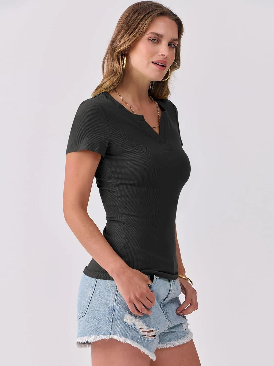 ANRABESS Women Short Sleeve Tops V Neck Rib Knit Slim Fit Shirts Basic Tee 2025 Summer Casual T-Shirt Outfits Clothes