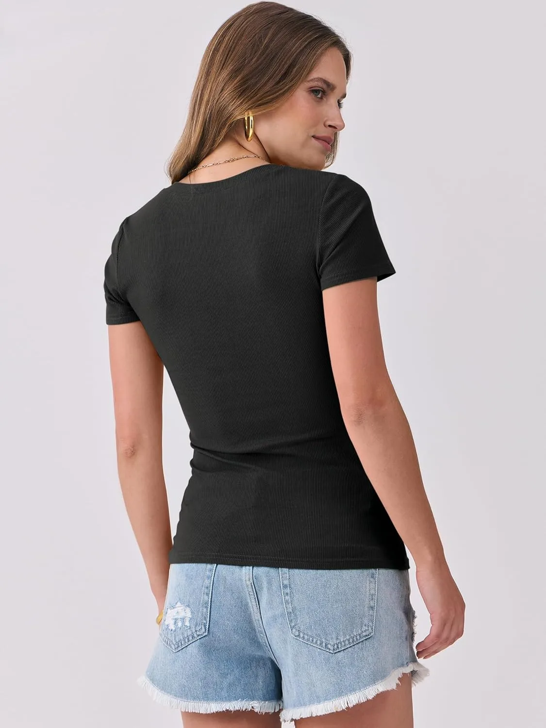 ANRABESS Women Short Sleeve Tops V Neck Rib Knit Slim Fit Shirts Basic Tee 2025 Summer Casual T-Shirt Outfits Clothes