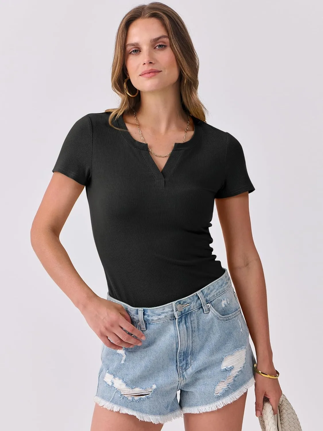 ANRABESS Women Short Sleeve Tops V Neck Rib Knit Slim Fit Shirts Basic Tee 2025 Summer Casual T-Shirt Outfits Clothes
