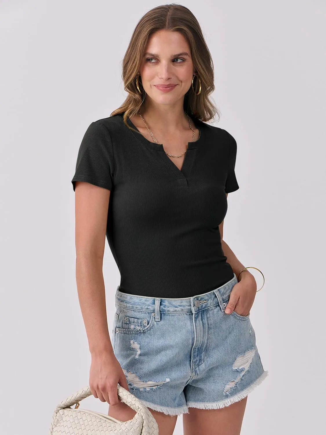 ANRABESS Women Short Sleeve Tops V Neck Rib Knit Slim Fit Shirts Basic Tee 2025 Summer Casual T-Shirt Outfits Clothes