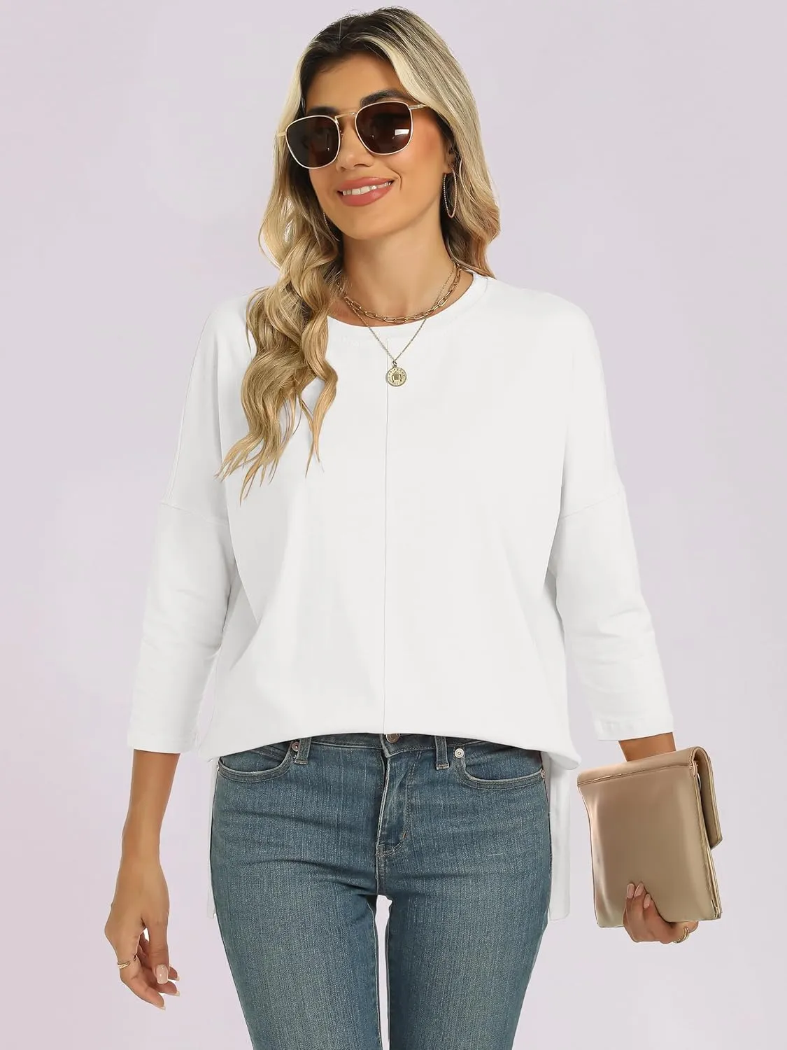 ANRABESS Womens 3/4 Length Sleeve Tops Loose Fit Tunic Shirts Oversized Spring Summer Casual Crew Neck Basic Boxy Tee