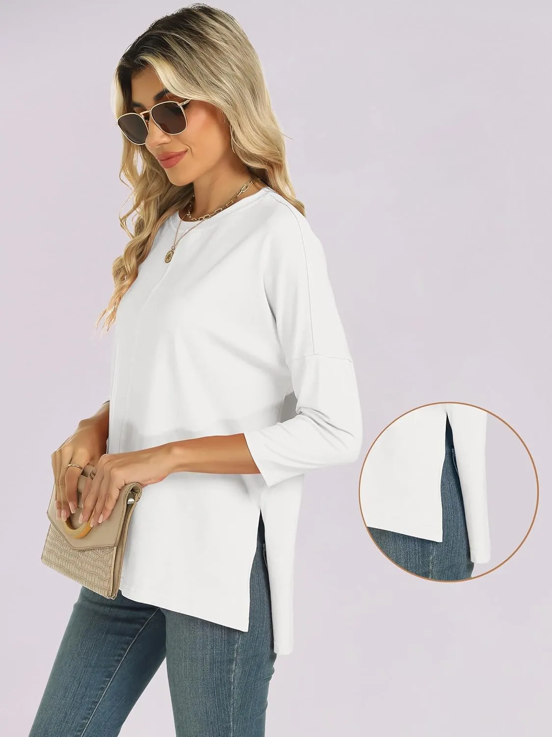 ANRABESS Womens 3/4 Length Sleeve Tops Loose Fit Tunic Shirts Oversized Spring Summer Casual Crew Neck Basic Boxy Tee