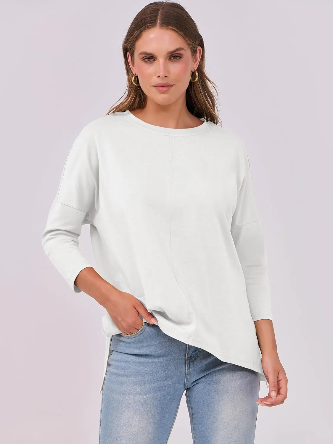 ANRABESS Womens 3/4 Length Sleeve Tops Loose Fit Tunic Shirts Oversized Spring Summer Casual Crew Neck Basic Boxy Tee