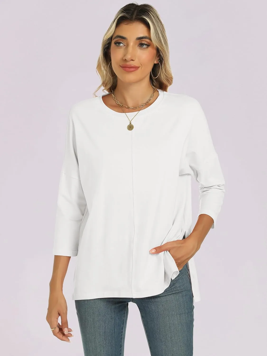 ANRABESS Womens 3/4 Length Sleeve Tops Loose Fit Tunic Shirts Oversized Spring Summer Casual Crew Neck Basic Boxy Tee