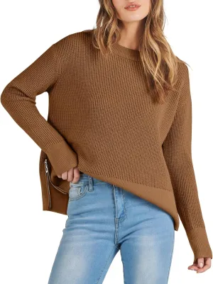 ANRABESS Womens Crewneck Long Sleeve Waffle Knit Casual Side Zipper Pullover Sweaters Top Thumbhole 2025 Fall Outfits