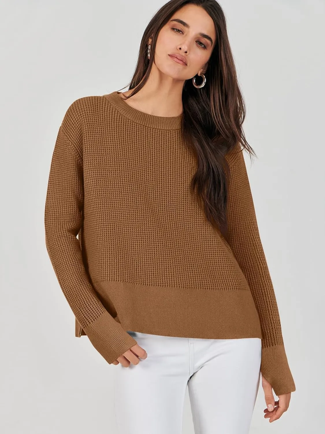 ANRABESS Womens Crewneck Long Sleeve Waffle Knit Casual Side Zipper Pullover Sweaters Top Thumbhole 2025 Fall Outfits