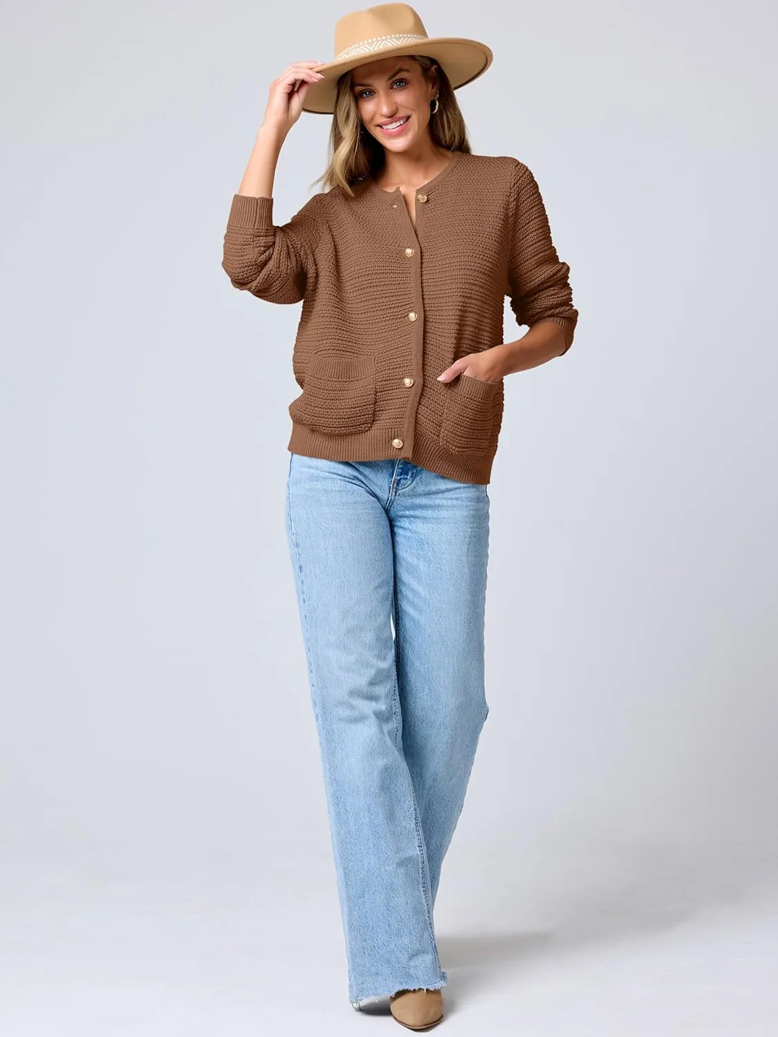 ANRABESS Women's Tweed Knit Cardigan Sweater Casual Long Sleeve Cropped Button Down Lady Jackets 2025 Spring Fashion Outwear