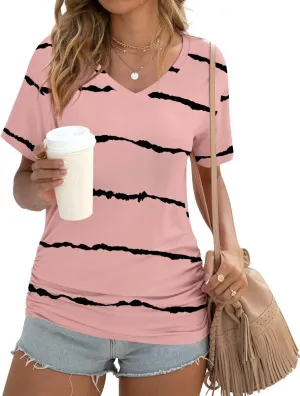 Anydoll Womens Ruched Tops 2025 Spring Summer Tunics Short Sleeve V Neck T Shirts Casual Dressy Tee with Side Shirring 