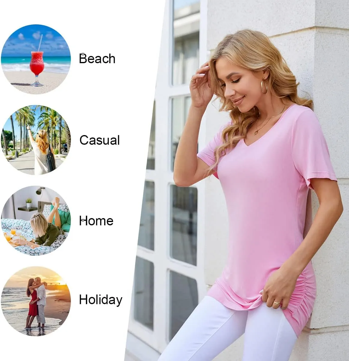 Anydoll Womens Ruched Tops 2025 Spring Summer Tunics Short Sleeve V Neck T Shirts Casual Dressy Tee with Side Shirring 