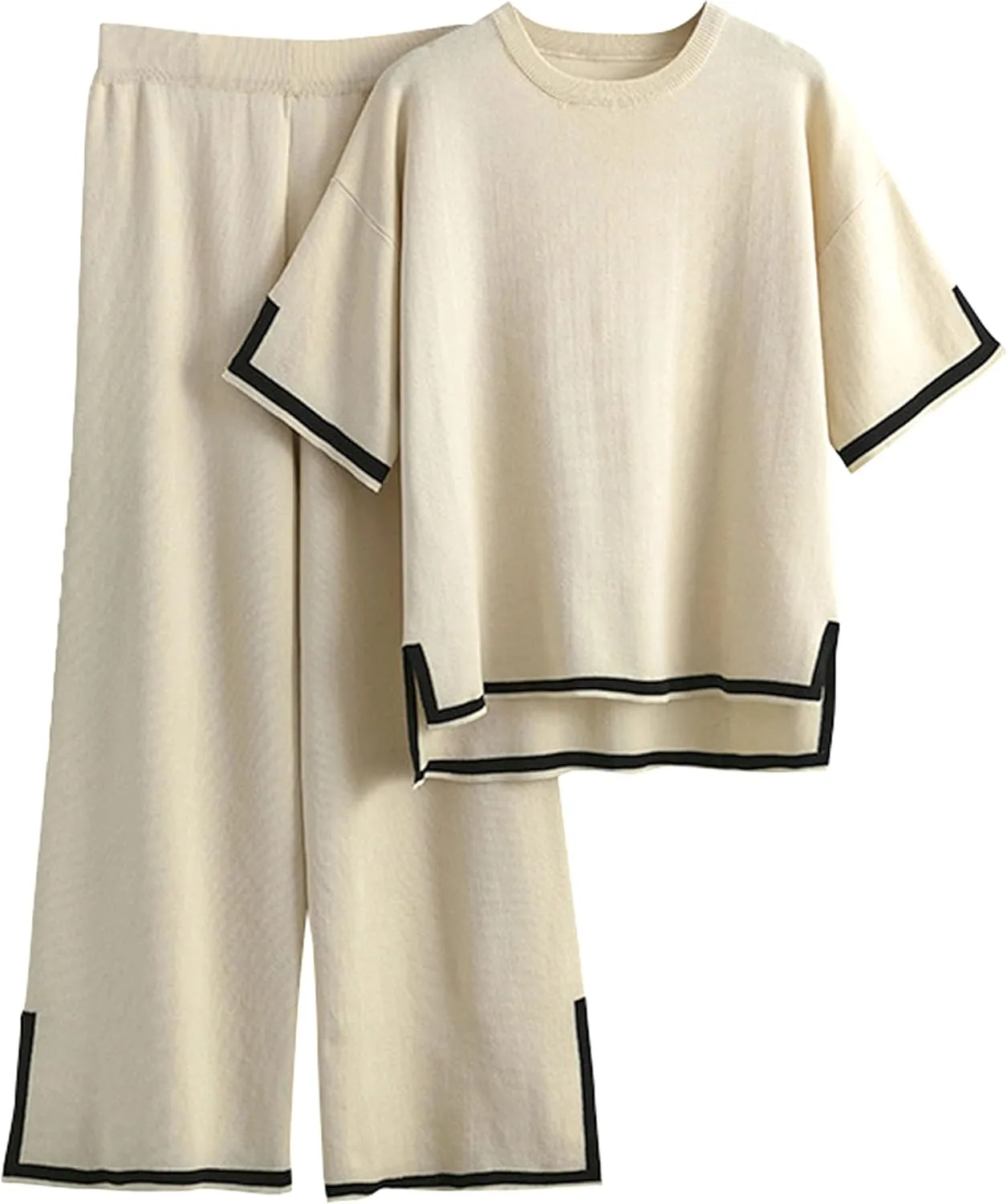 Athlisan Womens Knit Two Piece Outfits Sweater Sets Short Sleeve Pullover Tops Wide Leg Elastic Waist Pants Loungewear