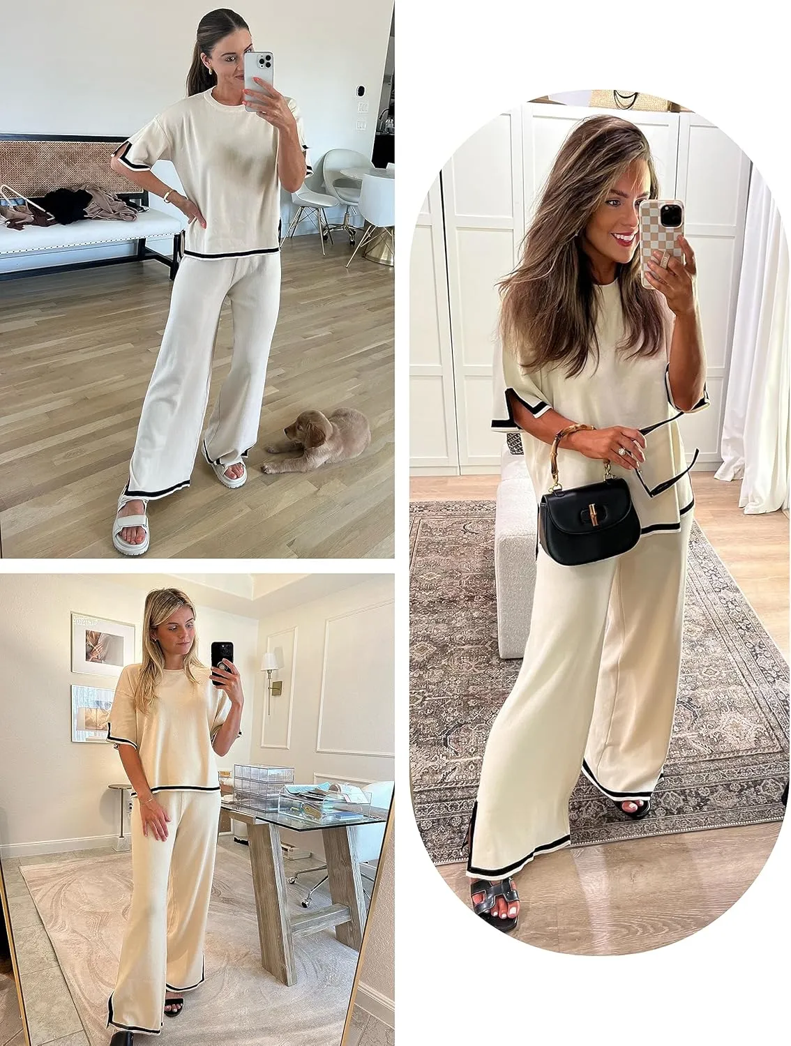 Athlisan Womens Knit Two Piece Outfits Sweater Sets Short Sleeve Pullover Tops Wide Leg Elastic Waist Pants Loungewear