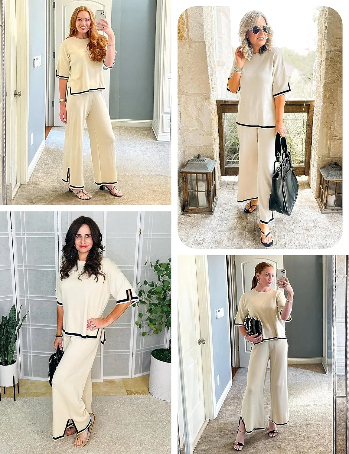 Athlisan Womens Knit Two Piece Outfits Sweater Sets Short Sleeve Pullover Tops Wide Leg Elastic Waist Pants Loungewear
