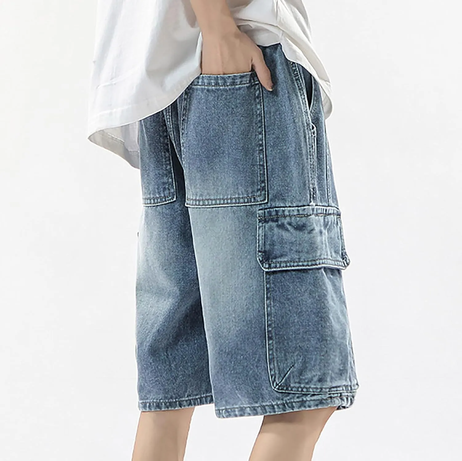 Baggy Jean Shorts for Men Summer Casual Loose Fit Y2K Hip Hop Long Denim Shorts Streetwear