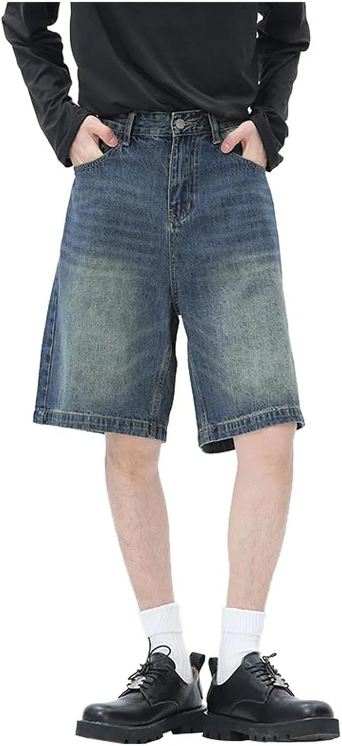 Baggy Jean Shorts for Men Summer Casual Loose Fit Y2K Hip Hop Wide Leg Denim Shorts Trendy Outfits