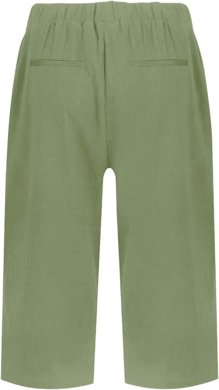 Bermuda Shorts for Women Knee Length Elastic Waist Long Wide Leg Linen Shorts Comfy Beach Capri Pants with Pockets