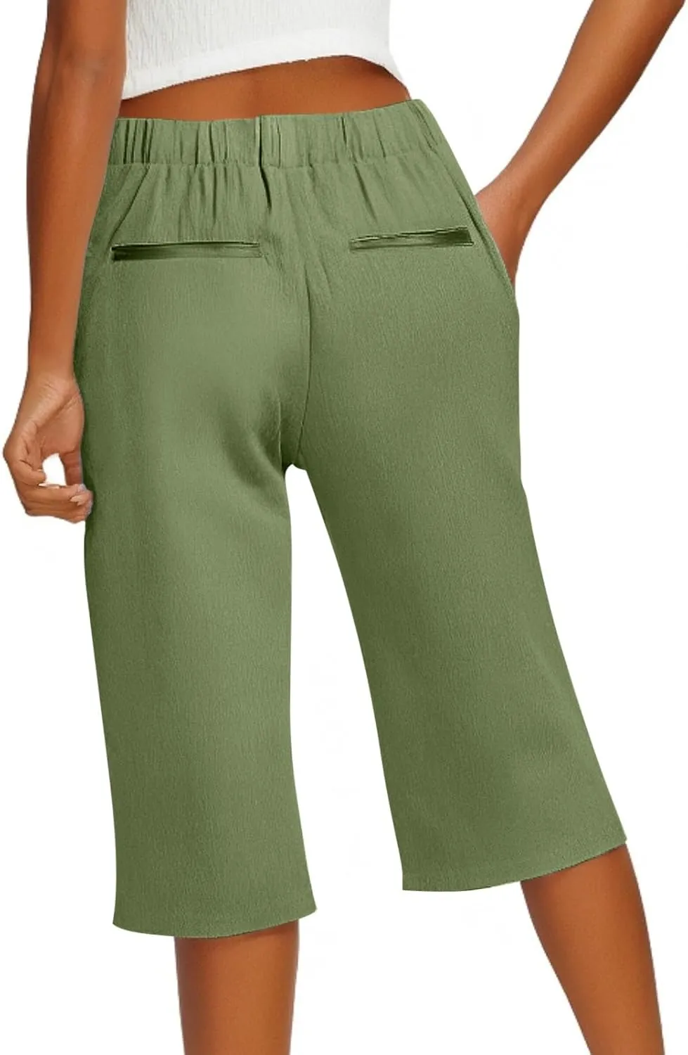 Bermuda Shorts for Women Knee Length Elastic Waist Long Wide Leg Linen Shorts Comfy Beach Capri Pants with Pockets