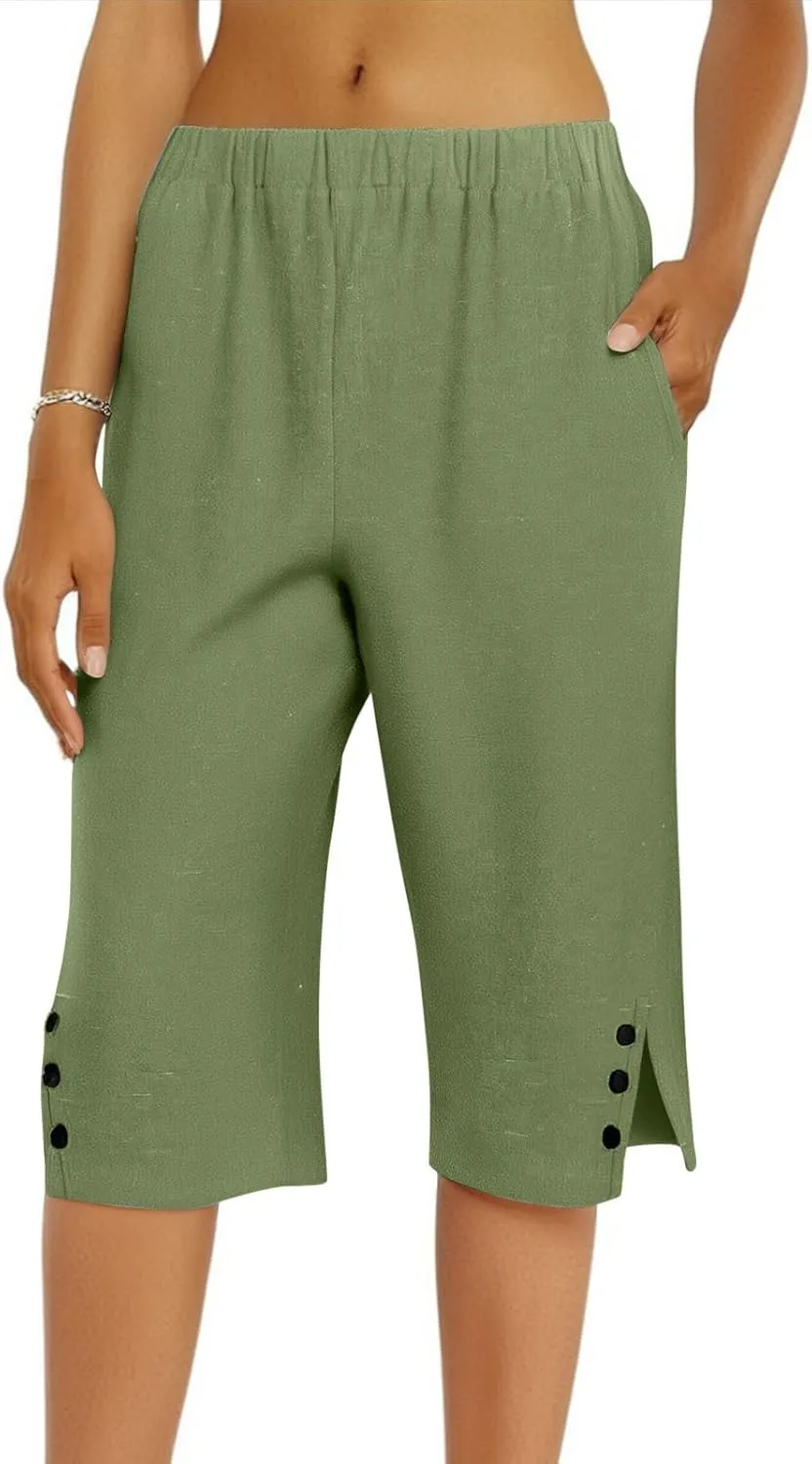 Bermuda Shorts for Women Knee Length Elastic Waist Long Wide Leg Linen Shorts Comfy Beach Capri Pants with Pockets
