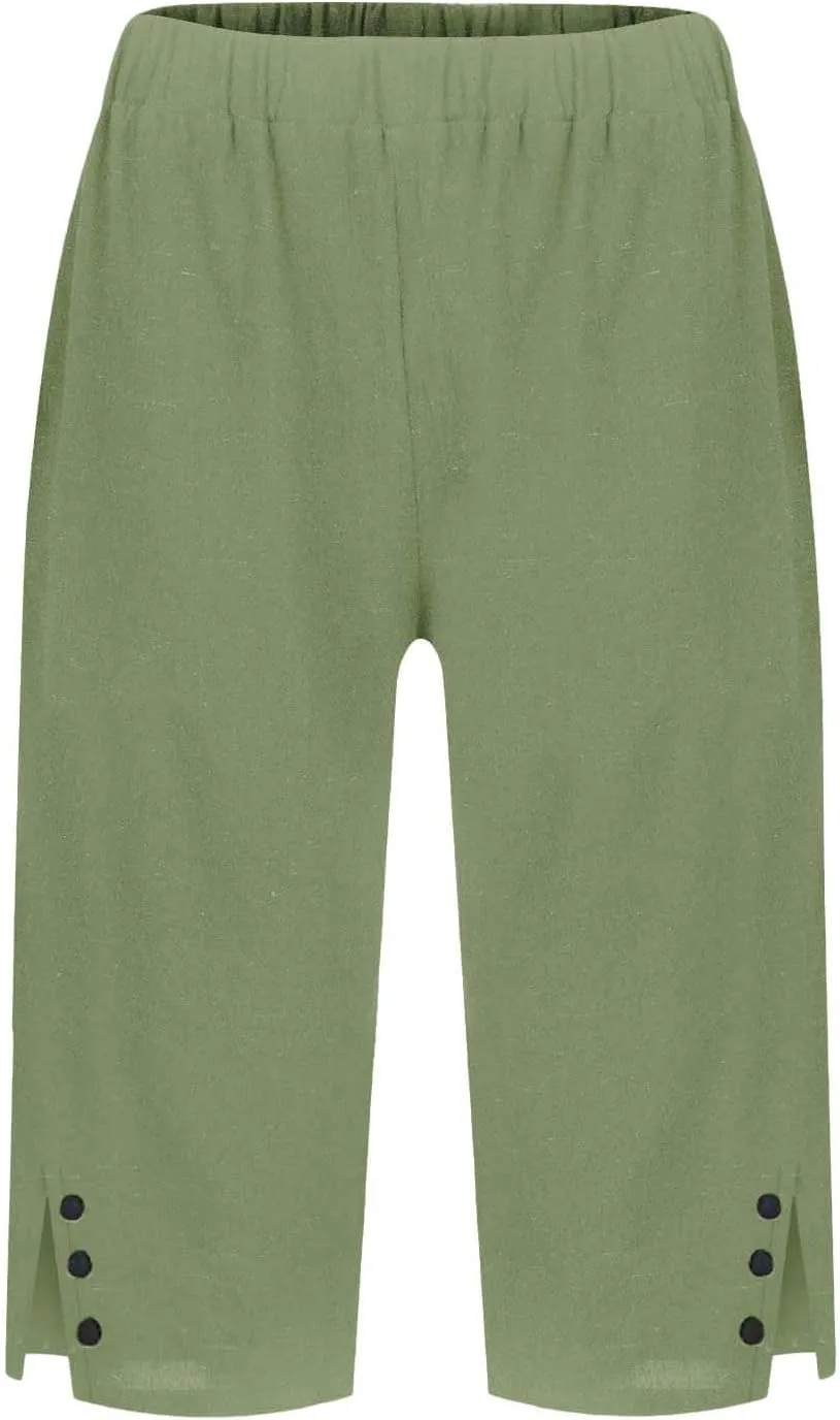 Bermuda Shorts for Women Knee Length Elastic Waist Long Wide Leg Linen Shorts Comfy Beach Capri Pants with Pockets