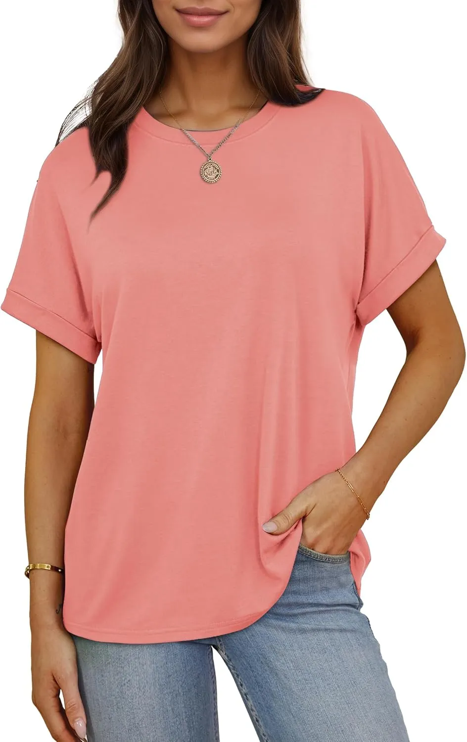 Besshopie Women's Oversized T Shirts Short Sleeve Crewneck Summer Tops Casual Loose Basic Tee Shirts 2025 Trendy Clothes