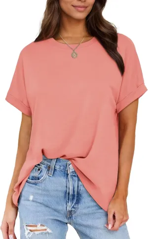 Besshopie Women's Oversized T Shirts Short Sleeve Crewneck Summer Tops Casual Loose Basic Tee Shirts 2025 Trendy Clothes