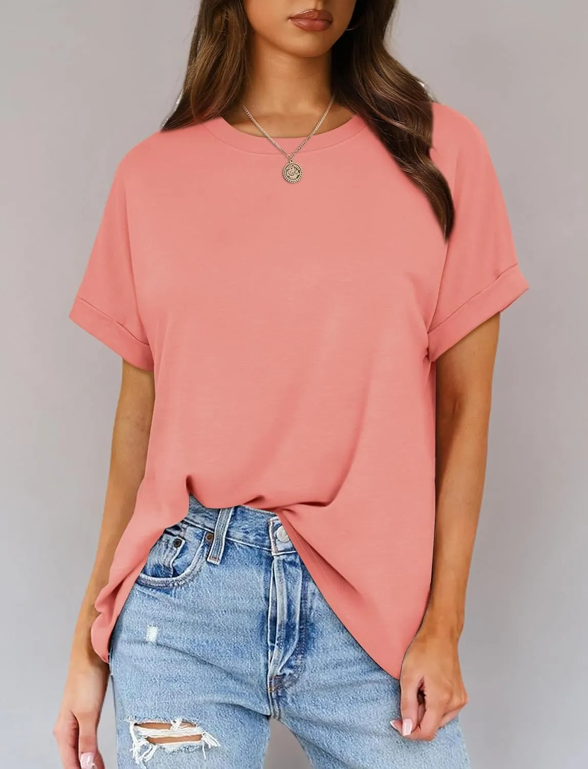 Besshopie Women's Oversized T Shirts Short Sleeve Crewneck Summer Tops Casual Loose Basic Tee Shirts 2025 Trendy Clothes