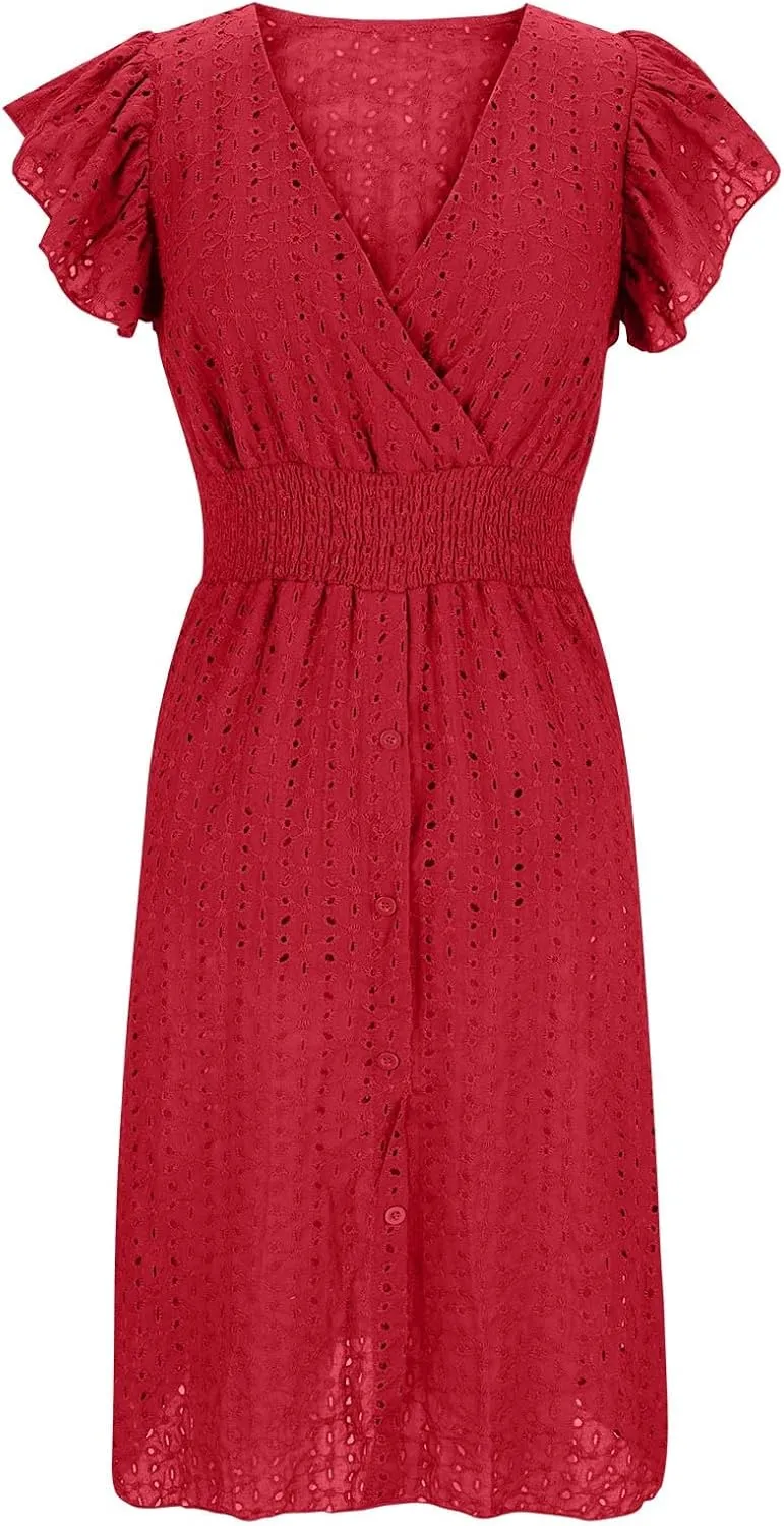Binmer Women Summer Casual Sleeveless Dress Elastic Smocked Waist Wrap V Neck Sundress Hollow Out Eyelet Swing Beach Dresses