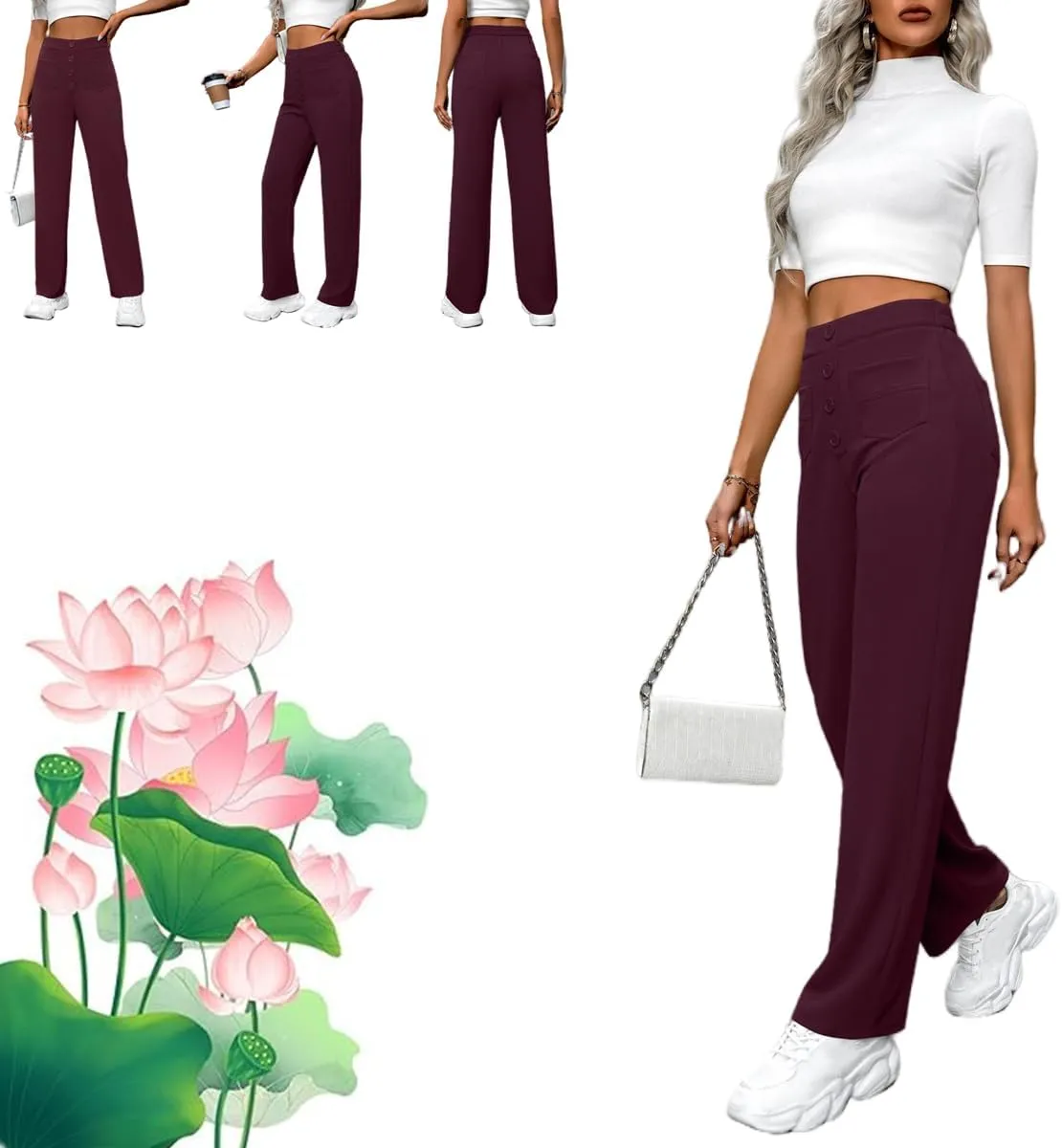 Bloomy Dove Stretch Pants,Solid Stretchy High Waist Trousers Pants,Multiple Pockets Straight Stretch Pants for Women