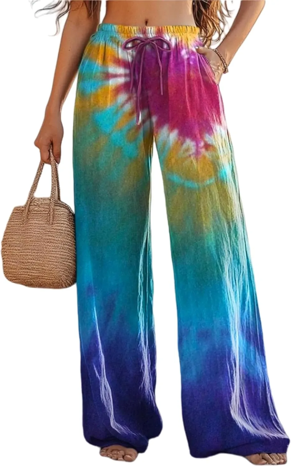 Boho Floral Wide Leg Pants for Women Cotton Linen Casual Loose Pants Summer Beach Flowers Print Flowy Long Pants